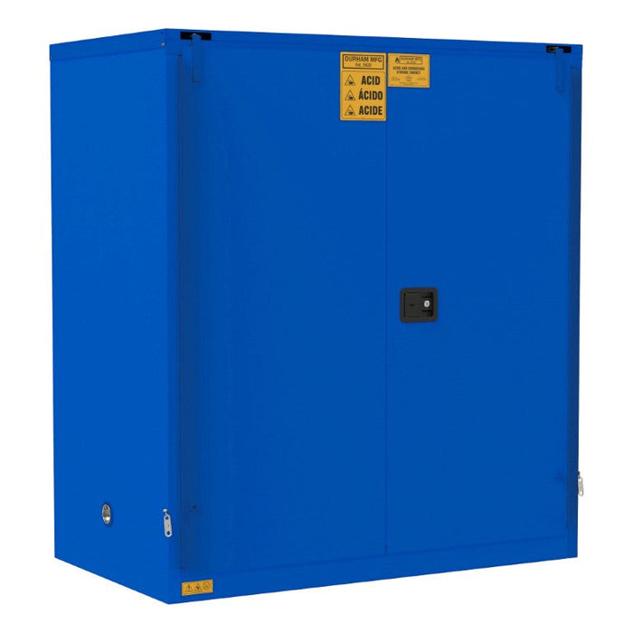 1120S-293T FM Approved, Corrosive Storage Cabinet, 120 Gallon, 2 Doors, Self Close, 2 Shelves, 3 Plastic Trays, Blue