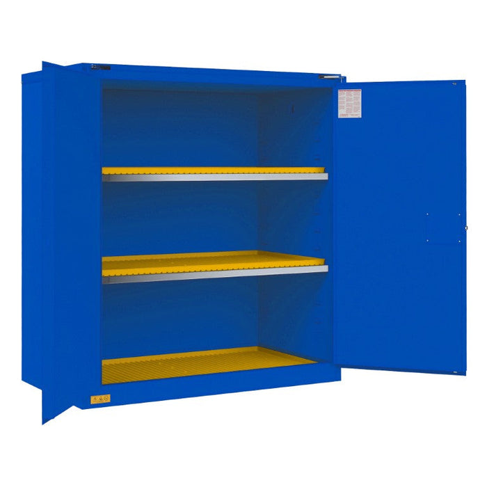 1120S-293T FM Approved, Corrosive Storage Cabinet, 120 Gallon, 2 Doors, Self Close, 2 Shelves, 3 Plastic Trays, Blue