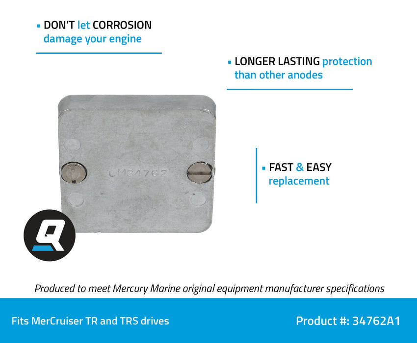 Quicksilver 34762A1 Zinc Anode Plate for MerCruiser TR and TRS Drives, 2.5" x 2.5"