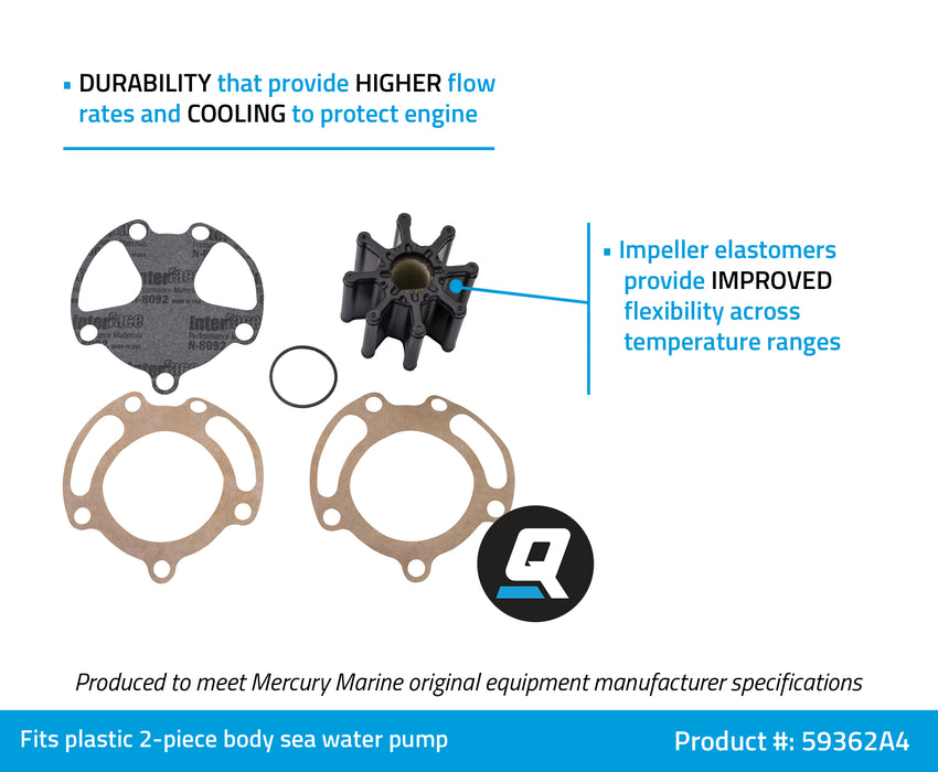 Quicksilver 59362A4 Sea Water Pump Impeller Replacement Kit for Bravo I, II and III with Two-Piece Pump Body