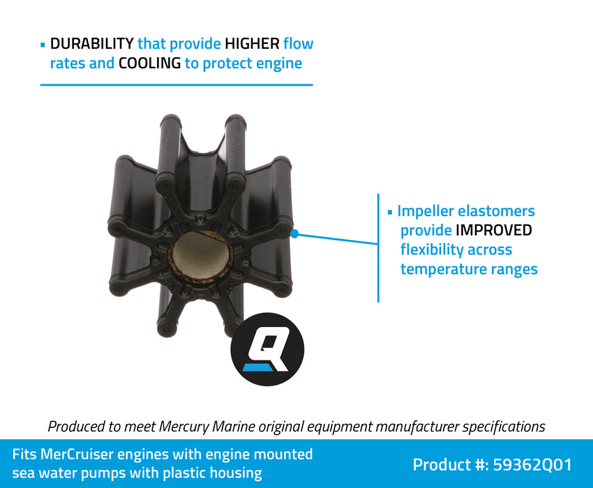 Quicksilver 59362Q01 Sea Water Pump Impeller for MerCruiser Engines with Engine Mounted, 2-Piece, Plastic Housing
