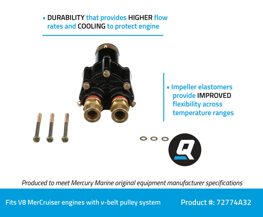 Quicksilver 72774A32 Brass Sea Water Pump Housing for Select Mercury V8 MerCruiser Engines with V-Belt Pulley System