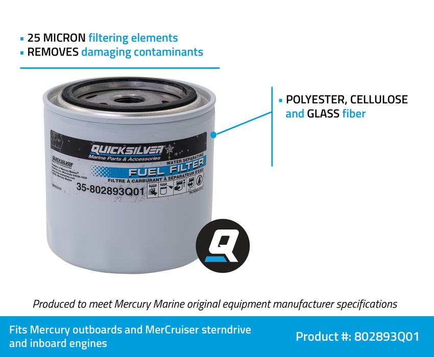 Quicksilver 802893Q01 Water Separating Fuel Filter for Mercury and Mariner Outboards, MerCruiser Sterndrive and Inboard Engines