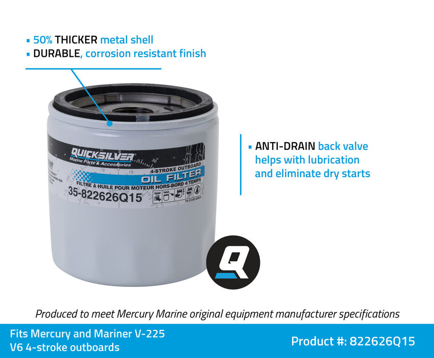 Quicksilver 822626Q15 Oil Filter for Select Mercury and Mariner V-225 V6 4-Stroke Outboards