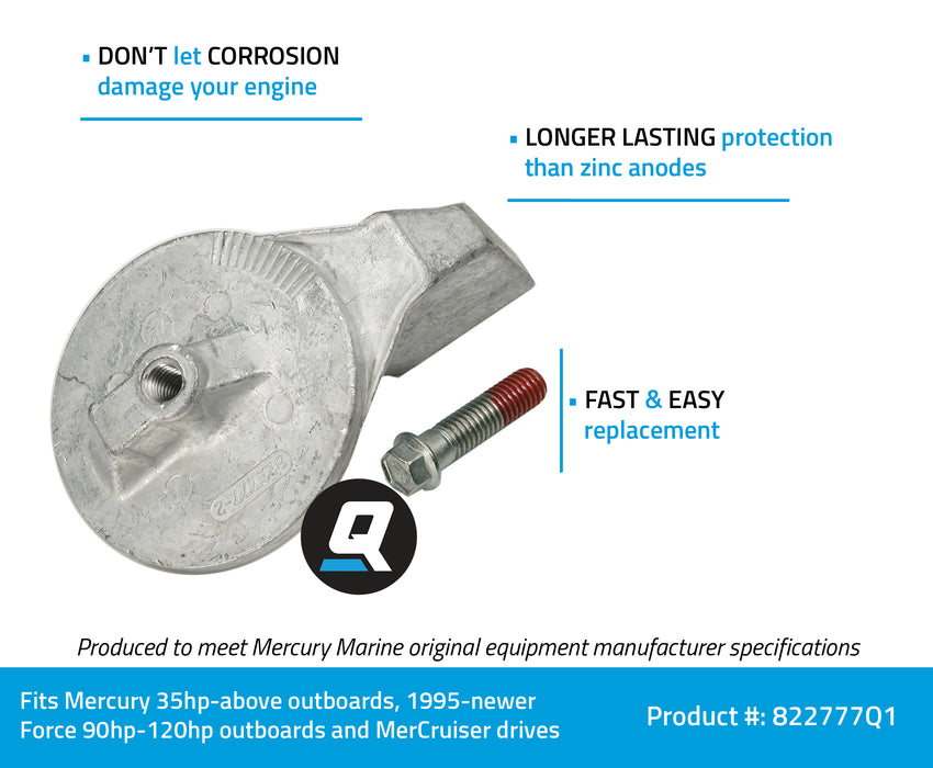 Quicksilver 822777Q1 Aluminum Trim Tab Anode for Mercury or Mariner Outboards and MerCruiser Sterndrives Using High Rake Propellers