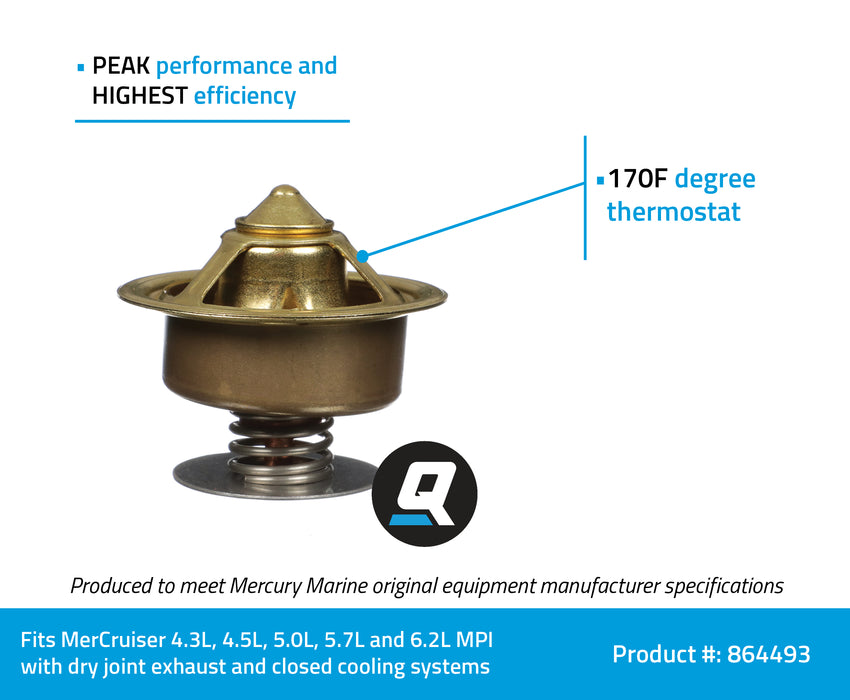 Quicksilver 864493 Replacement 170 Degree F Thermostat for MerCruiser 4.3L, 4.5L, 5.0L,5.7L, 6.2L