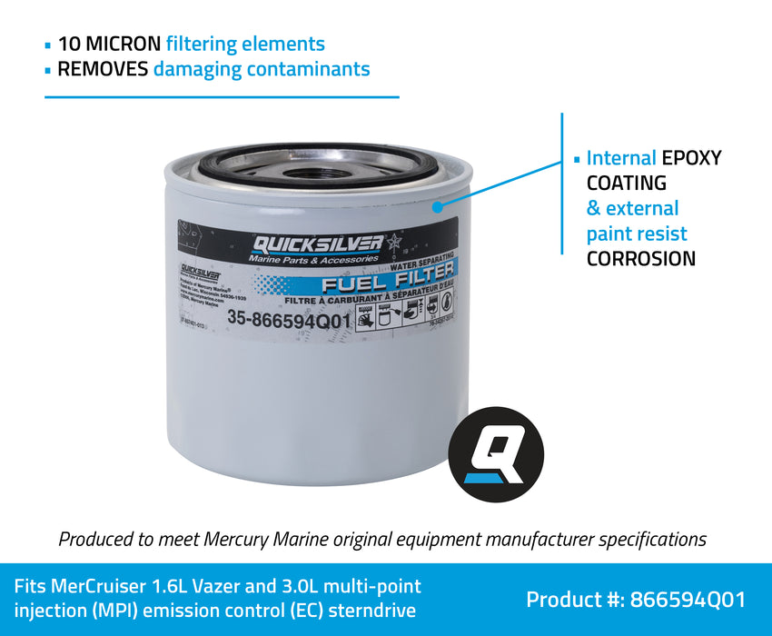 Quicksilver 866594Q01 Water Separating Fuel Filter for Select MerCruiser Vazer and 3.0L MPI EC Engines