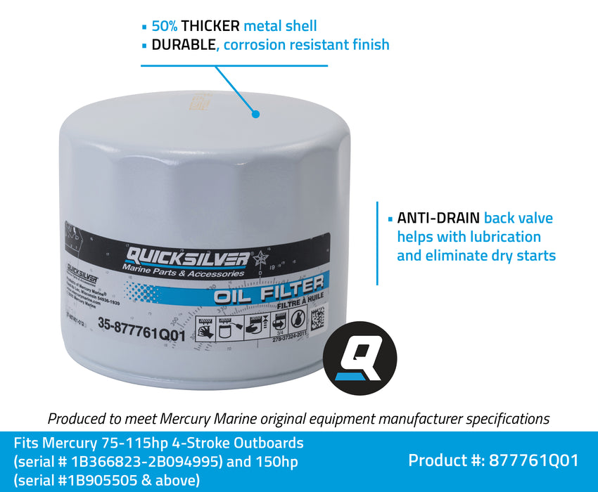 Quicksilver 877761Q01 Oil Filter for Select Mercury and Mariner 75-115hp Outboards and 150hp EFI 4-Stroke Outboards