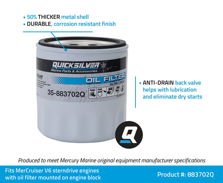 Quicksilver 883702Q Engine Block Mount Oil Filter for V6 MerCruiser Sterndrive Engines