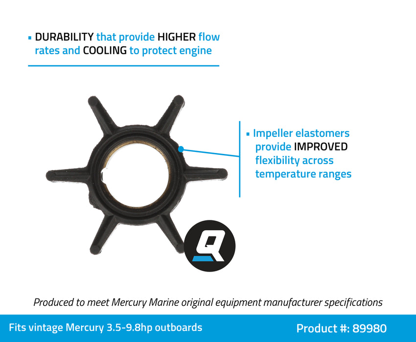 Quicksilver 89980 Water Pump Impeller for Select Vintage Mercury 3.5-9.8hp 2-Stroke Outboards