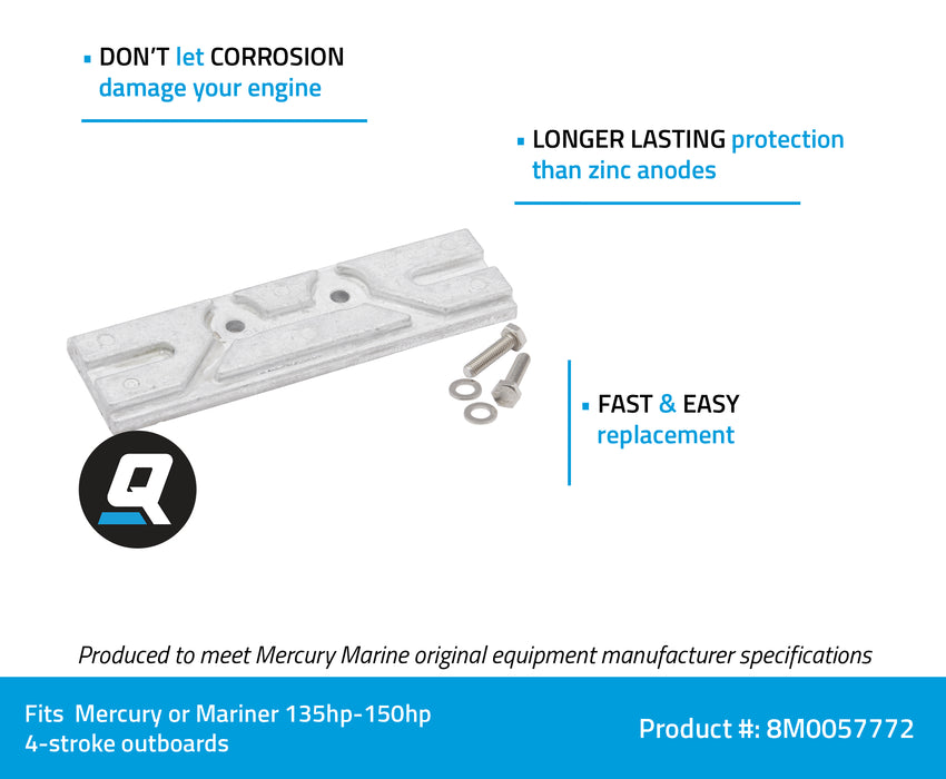 Quicksilver 8M0057772 Aluminum Transom Bracket Anode for Select Mercury 135-150hp 4-Stroke Outboards