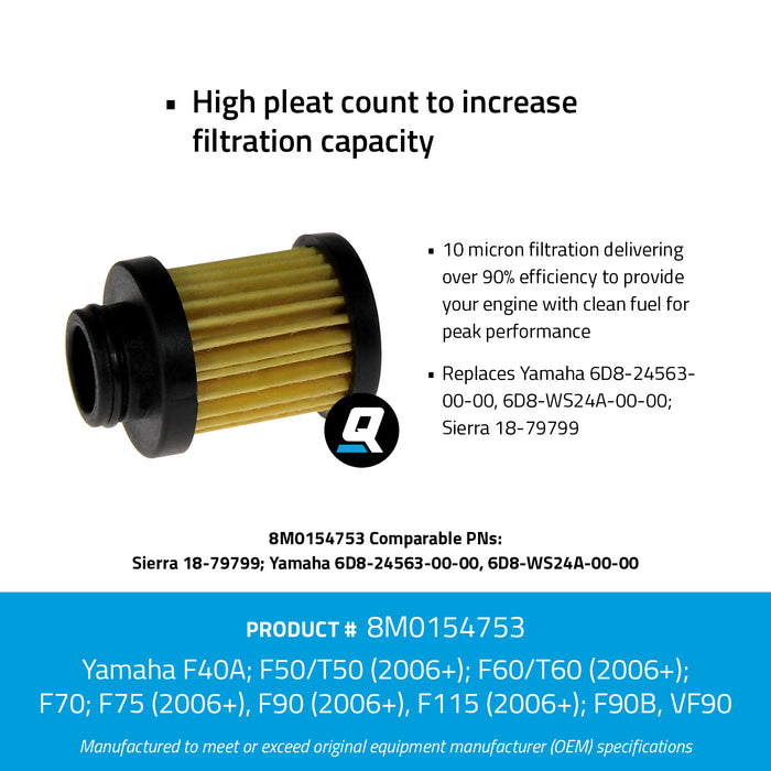 Quicksilver 8M0154753 Inline Water Separating Fuel Filter for Select Yamaha 20-115hp Outboards