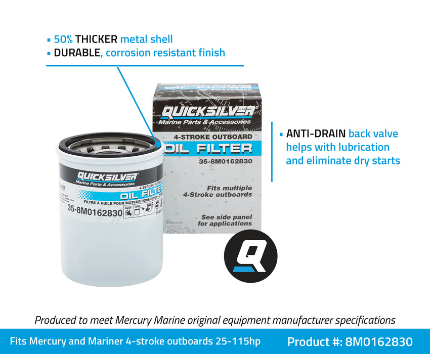 Quicksilver 8M0162830 Oil Filter for Select Mercury and Mariner 4-Stroke Outboards 25-115hp
