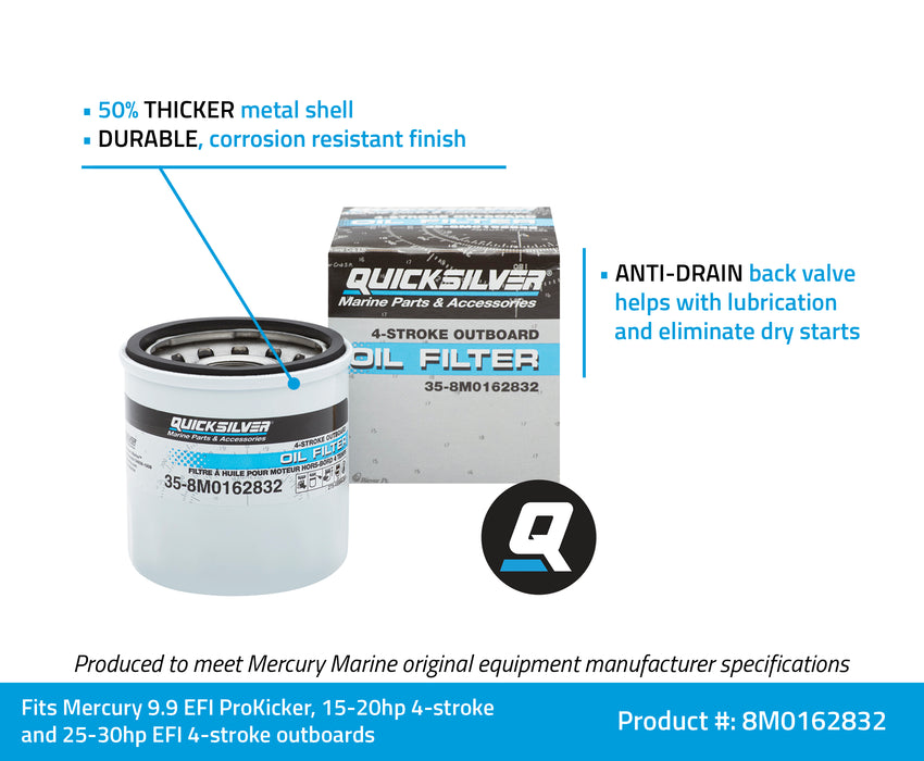 Quicksilver 8M0162832 Oil Filter for Select Mercury 9.9-30hp Outboards