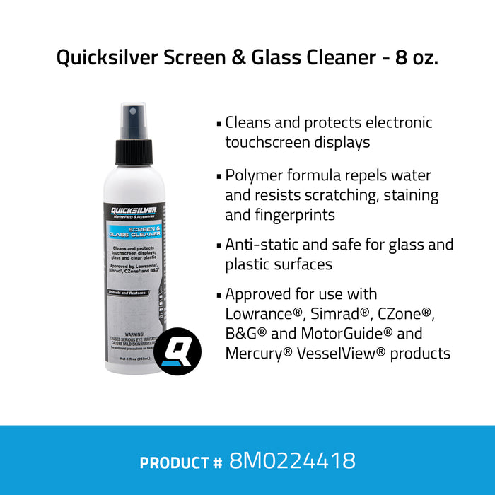Quicksilver 8M0224418 Screen & Glass Cleaner for Marine Electronics, Windshields and Mirrors, 8 oz