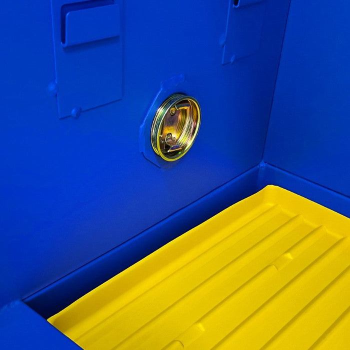 1045M-293T FM Approved, Corrosive Storage Cabinet, 45 Gallon, 2 Doors, Manual Close, 2 Shelves, 3 Plastic Trays, Blue