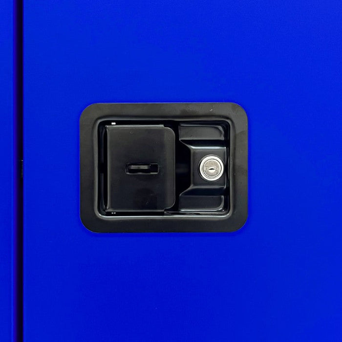 1045M-293T FM Approved, Corrosive Storage Cabinet, 45 Gallon, 2 Doors, Manual Close, 2 Shelves, 3 Plastic Trays, Blue