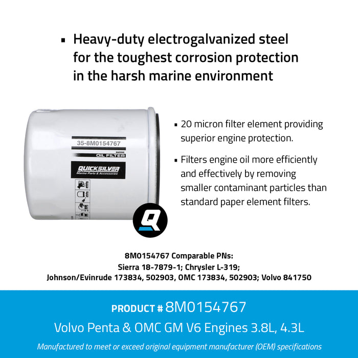 Quicksilver 8M0154767 20 Micron Oil Filter for Various Marine Engines