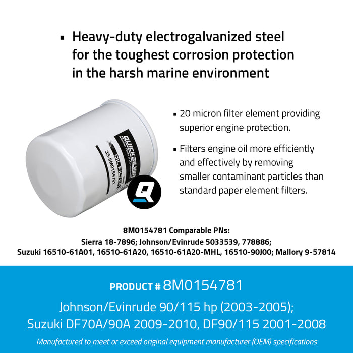 Quicksilver 8M0154781 20 Micron Oil Filter for Select Johnson and Evinrude 90-115hp and Select Suzuki 70-115hp